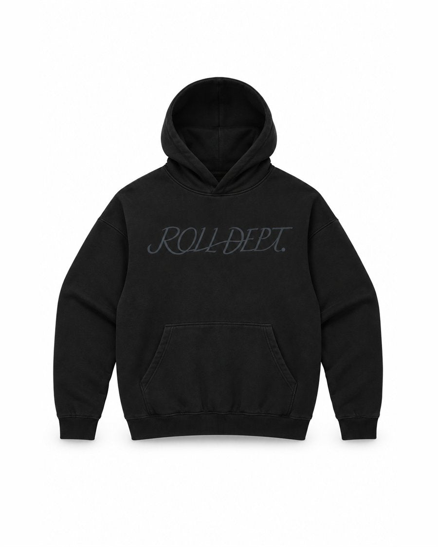 ROLL DEPT. hoodie in black, front view